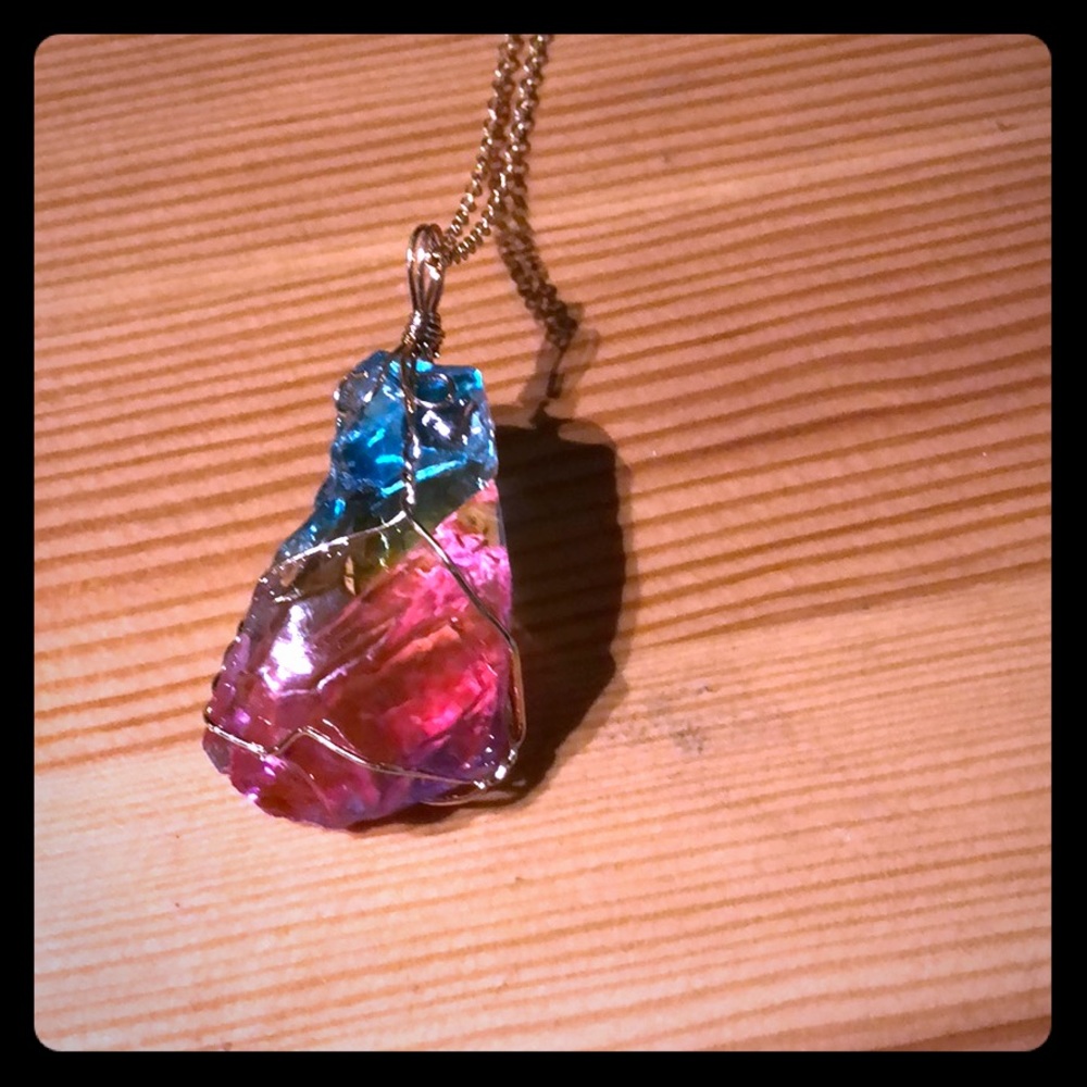Rainbow Crystal Wire-Wrapped Pendant w Gold Chain